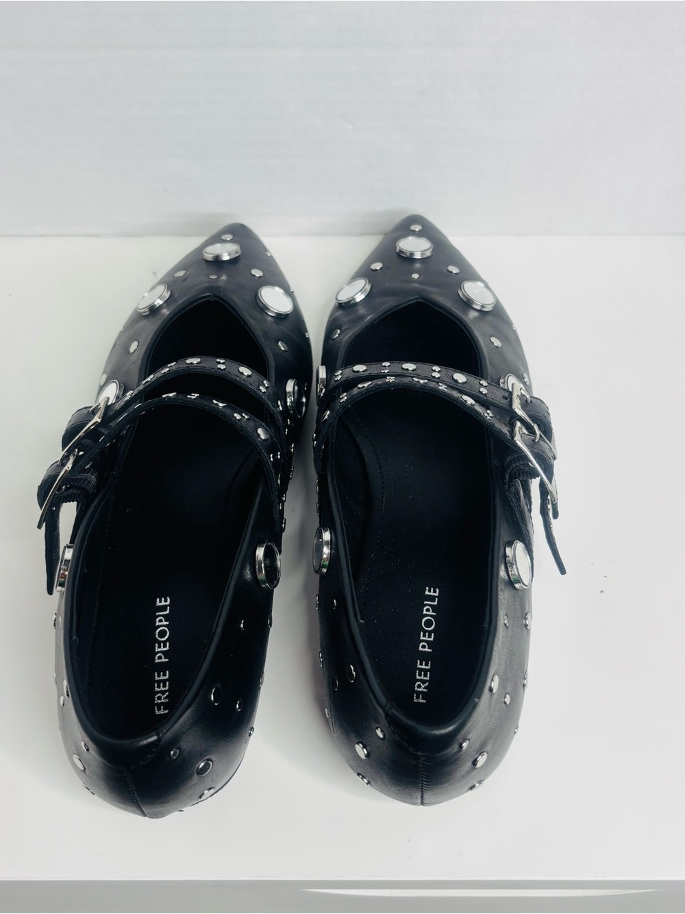 Free People Black Pointed Toe Double-Buckle Stud Flats - Picture 9 of 10